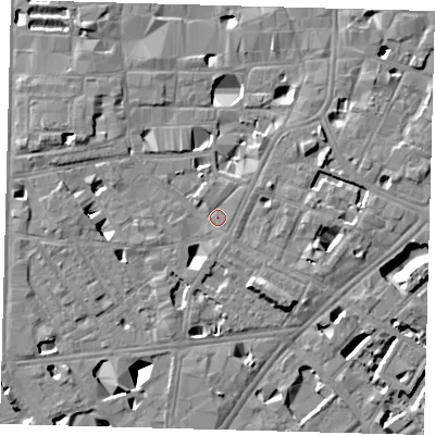 Shaded relief map of the ground around SE10BX, computed from Environment Agency LiDAR. The ground here sits at about 4 m above sea level and falls 11 m across the surrounding 800 m. Surface water reaching this point runs off ground lying to the south-south-east, 0.9 m higher.
