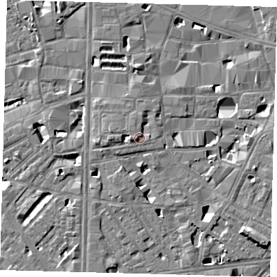 Shaded relief map of the ground around SE10BY, computed from Environment Agency LiDAR. The ground here sits at about 5 m above sea level and falls 7 m across the surrounding 800 m. Surface water reaching this point runs off ground lying to the west, 1.8 m higher.