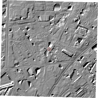 Shaded relief map of the ground around SE10DG, computed from Environment Agency LiDAR. The ground here sits at about 4 m above sea level and falls 11 m across the surrounding 800 m. Surface water reaching this point runs off ground lying to the south-west, 2.2 m higher.