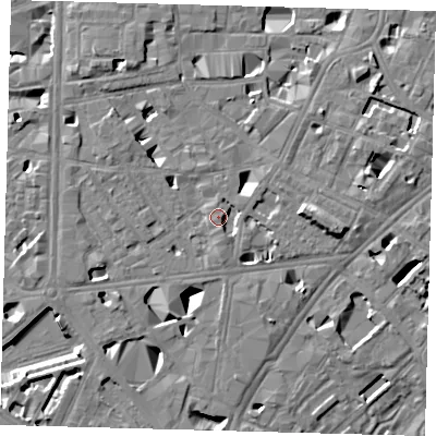 Shaded relief map of the ground around SE10DH, computed from Environment Agency LiDAR. The ground here sits at about 4 m above sea level and falls 11 m across the surrounding 800 m. Surface water reaching this point runs off ground lying to the south-south-east, 2.2 m higher.