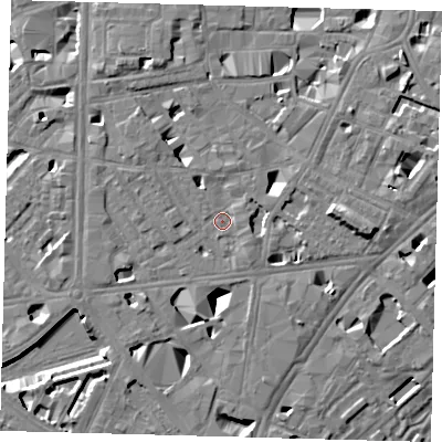 Shaded relief map of the ground around SE10DL, computed from Environment Agency LiDAR. The ground here sits at about 4 m above sea level and falls 11 m across the surrounding 800 m. Surface water reaching this point runs off ground lying to the north-north-west, 5.1 m higher.