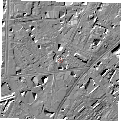 Shaded relief map of the ground around SE10DN, computed from Environment Agency LiDAR. The ground here sits at about 4 m above sea level and falls 11 m across the surrounding 800 m. Surface water reaching this point runs off ground lying to the north-east, 1.7 m higher.