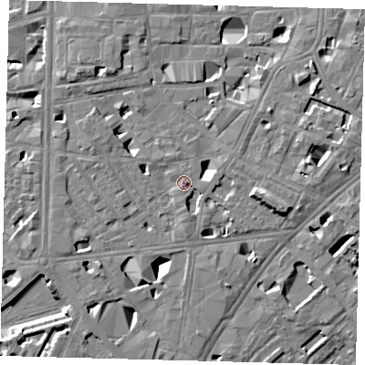 Shaded relief map of the ground around SE10DQ, computed from Environment Agency LiDAR. The ground here sits at about 4 m above sea level and falls 11 m across the surrounding 800 m. Surface water reaching this point runs off ground lying to the north-north-west, 5.1 m higher.