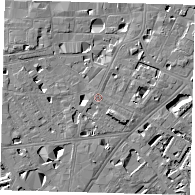 Shaded relief map of the ground around SE10DT, computed from Environment Agency LiDAR. The ground here sits at about 4 m above sea level and falls 11 m across the surrounding 800 m. Surface water reaching this point runs off ground lying to the south, 0.5 m higher.
