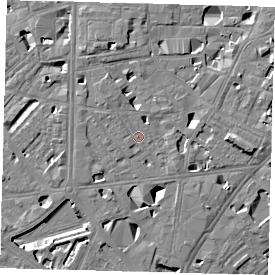 Shaded relief map of the ground around SE10DW, computed from Environment Agency LiDAR. The ground here sits at about 4 m above sea level and falls 11 m across the surrounding 800 m. Surface water reaching this point runs off ground lying to the north-west, 3.3 m higher.