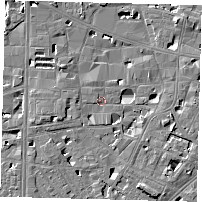 Shaded relief map of the ground around SE10DY, computed from Environment Agency LiDAR. The ground here sits at about 3 m above sea level and falls 9 m across the surrounding 800 m. Surface water reaching this point runs off ground lying to the east, 5.4 m higher.