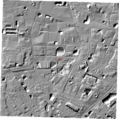 Shaded relief map of the ground around SE10EB, computed from Environment Agency LiDAR. The ground here sits at about 3 m above sea level and falls 8 m across the surrounding 800 m. Surface water reaching this point runs off ground lying to the south-east, 5.2 m higher.