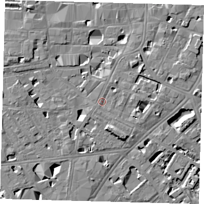 Shaded relief map of the ground around SE10ED, computed from Environment Agency LiDAR. The ground here sits at about 4 m above sea level and falls 11 m across the surrounding 800 m. Surface water reaching this point runs off ground lying to the east-south-east, 4.1 m higher.