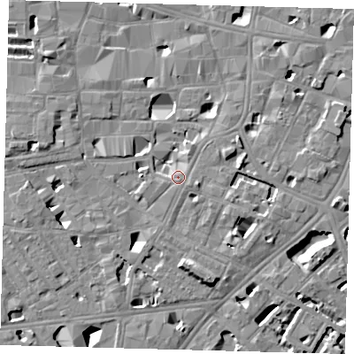 Shaded relief map of the ground around SE10EF, computed from Environment Agency LiDAR. The ground here sits at about 4 m above sea level and falls 11 m across the surrounding 800 m. Surface water reaching this point runs off ground lying to the south-south-east, 2.1 m higher.
