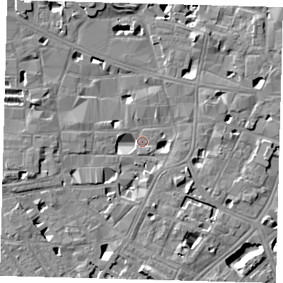 Shaded relief map of the ground around SE10EL, computed from Environment Agency LiDAR. The ground here sits at about 3 m above sea level and falls 14 m across the surrounding 800 m. Surface water reaching this point runs off ground lying to the east-south-east, 5.4 m higher.