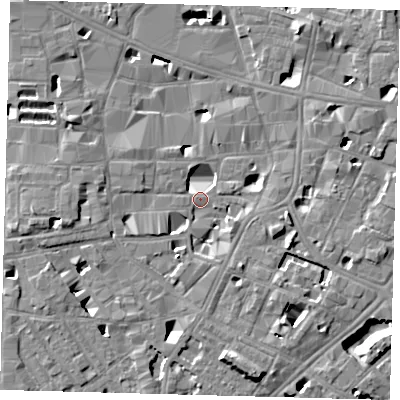 Shaded relief map of the ground around SE10EN, computed from Environment Agency LiDAR. The ground here sits at about 3 m above sea level and falls 8 m across the surrounding 800 m. Surface water reaching this point runs off ground lying to the south-east, 5.2 m higher.