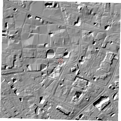 Shaded relief map of the ground around SE10EP, computed from Environment Agency LiDAR. The ground here sits at about 3 m above sea level and falls 8 m across the surrounding 800 m. Surface water reaching this point runs off ground lying to the south-south-east, 4.1 m higher.