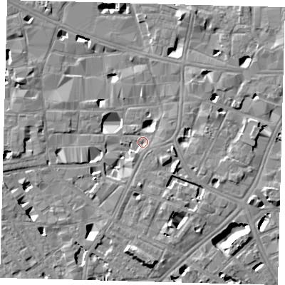 Shaded relief map of the ground around SE10ER, computed from Environment Agency LiDAR. The ground here sits at about 3 m above sea level and falls 8 m across the surrounding 800 m. Surface water reaching this point runs off ground lying to the south-south-east, 4.1 m higher.