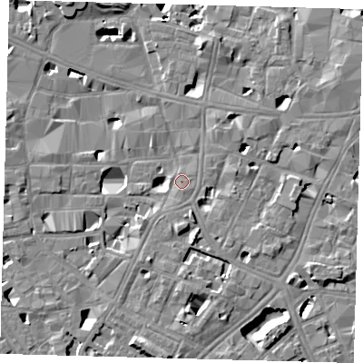 Shaded relief map of the ground around SE10ES, computed from Environment Agency LiDAR. The ground here sits at about 4 m above sea level and falls 14 m across the surrounding 800 m. Surface water reaching this point runs off ground lying to the south-south-west, 1.1 m higher.