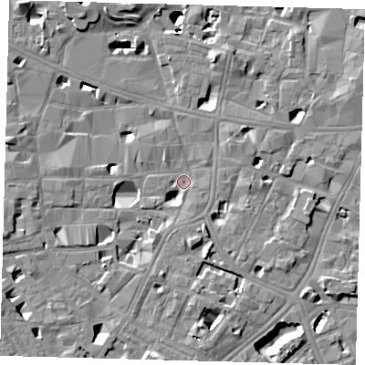 Shaded relief map of the ground around SE10ET, computed from Environment Agency LiDAR. The ground here sits at about 3 m above sea level and falls 14 m across the surrounding 800 m. Surface water reaching this point runs off ground lying to the south-south-east, 5.4 m higher.