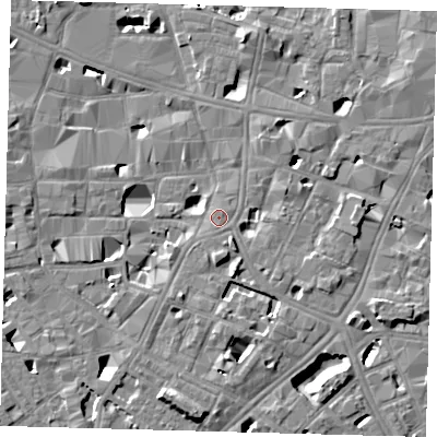 Shaded relief map of the ground around SE10EU, computed from Environment Agency LiDAR. The ground here sits at about 4 m above sea level and falls 9 m across the surrounding 800 m. Surface water reaching this point runs off ground lying to the south-south-west, 1.0 m higher.