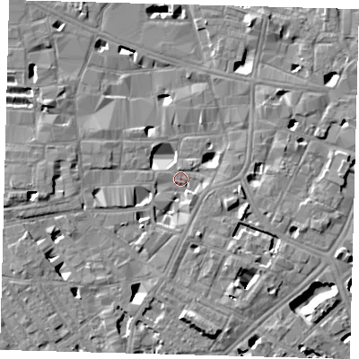Shaded relief map of the ground around SE10EW, computed from Environment Agency LiDAR. The ground here sits at about 3 m above sea level and falls 8 m across the surrounding 800 m. Surface water reaching this point runs off ground lying to the south-south-east, 5.2 m higher.