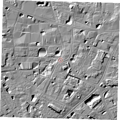 Shaded relief map of the ground around SE10EX, computed from Environment Agency LiDAR. The ground here sits at about 4 m above sea level and falls 8 m across the surrounding 800 m. Surface water reaching this point runs off ground lying to the east-south-east, 0.8 m higher.