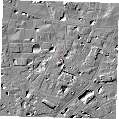 Shaded relief map of the ground around SE10EY, computed from Environment Agency LiDAR. The ground here sits at about 5 m above sea level and falls 8 m across the surrounding 800 m. Surface water reaching this point runs off ground lying to the east-north-east, 1.8 m higher.
