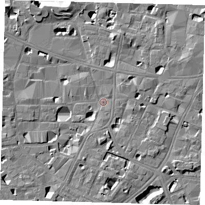 Shaded relief map of the ground around SE10FA, computed from Environment Agency LiDAR. The ground here sits at about 3 m above sea level and falls 14 m across the surrounding 800 m. Surface water reaching this point runs off ground lying to the south-east, 6.0 m higher.