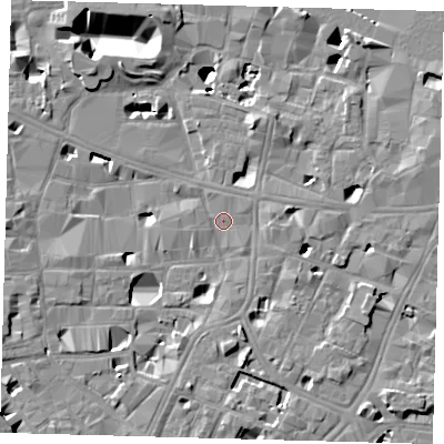 Shaded relief map of the ground around SE10FB, computed from Environment Agency LiDAR. The ground here sits at about 3 m above sea level and falls 14 m across the surrounding 800 m. Surface water reaching this point runs off ground lying to the south, 3.6 m higher.
