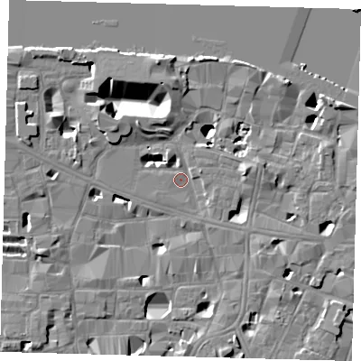 Shaded relief map of the ground around SE10FD, computed from Environment Agency LiDAR. The ground here sits at about 3 m above sea level and falls 14 m across the surrounding 800 m. Surface water reaching this point runs off ground lying to the north-west, 13.8 m higher.