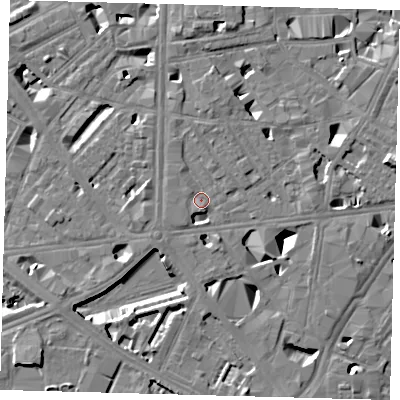Shaded relief map of the ground around SE10FH, computed from Environment Agency LiDAR. The ground here sits at about 3 m above sea level and falls 11 m across the surrounding 800 m. Surface water reaching this point runs off ground lying to the south-west, 3.2 m higher.