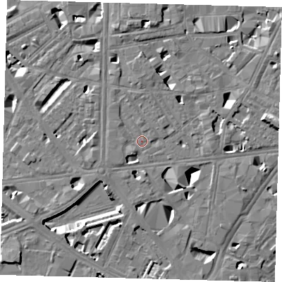 Shaded relief map of the ground around SE10FJ, computed from Environment Agency LiDAR. The ground here sits at about 3 m above sea level and falls 11 m across the surrounding 800 m. Surface water reaching this point runs off ground lying to the south-west, 3.2 m higher.