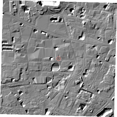 Shaded relief map of the ground around SE10FT, computed from Environment Agency LiDAR. The ground here sits at about 3 m above sea level and falls 14 m across the surrounding 800 m. Surface water reaching this point runs off ground lying to the south-east, 5.4 m higher.