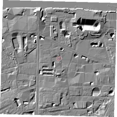 Shaded relief map of the ground around SE10FW, computed from Environment Agency LiDAR. The ground here sits at about 3 m above sea level and falls 16 m across the surrounding 800 m. Surface water reaching this point runs off ground lying to the south, 2.8 m higher.
