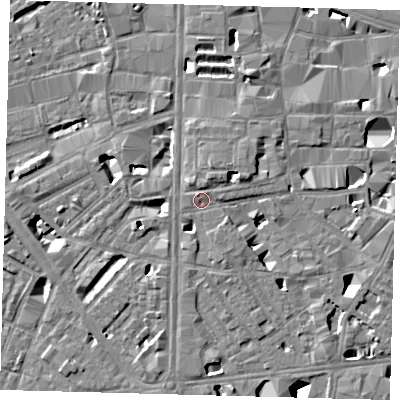 Shaded relief map of the ground around SE10FX, computed from Environment Agency LiDAR. The ground here sits at about 4 m above sea level and falls 10 m across the surrounding 800 m. Surface water reaching this point runs off ground lying to the north-north-east, 2.8 m higher.