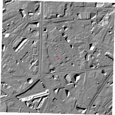 Shaded relief map of the ground around SE10FY, computed from Environment Agency LiDAR. The ground here sits at about 4 m above sea level and falls 11 m across the surrounding 800 m. Surface water reaching this point runs off ground lying to the north-north-west, 0.9 m higher.