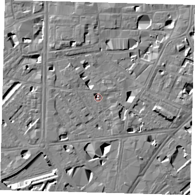 Shaded relief map of the ground around SE10GB, computed from Environment Agency LiDAR. The ground here sits at about 2 m above sea level and falls 11 m across the surrounding 800 m. Surface water reaching this point runs off ground lying to the south-east, 1.4 m higher.