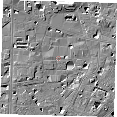 Shaded relief map of the ground around SE10GE, computed from Environment Agency LiDAR. The ground here sits at about 4 m above sea level and falls 14 m across the surrounding 800 m. Surface water reaching this point runs off ground lying to the east-south-east, 5.6 m higher.