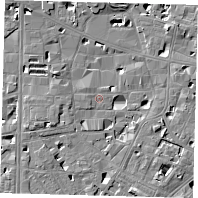Shaded relief map of the ground around SE10HE, computed from Environment Agency LiDAR. The ground here sits at about 3 m above sea level and falls 14 m across the surrounding 800 m. Surface water reaching this point runs off ground lying to the east-south-east, 5.4 m higher.