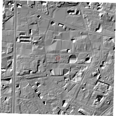 Shaded relief map of the ground around SE10HF, computed from Environment Agency LiDAR. The ground here sits at about 3 m above sea level and falls 15 m across the surrounding 800 m. Surface water reaching this point runs off ground lying to the east-south-east, 5.4 m higher.