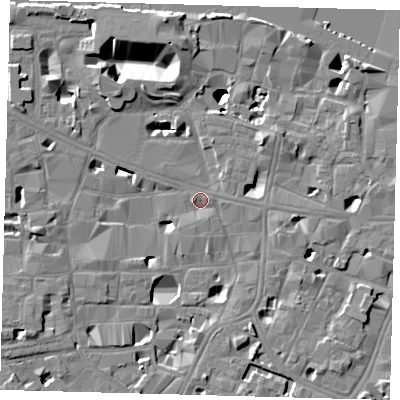 Shaded relief map of the ground around SE10HR, computed from Environment Agency LiDAR. The ground here sits at about 3 m above sea level and falls 14 m across the surrounding 800 m. Surface water reaching this point runs off ground lying to the south-south-east, 5.6 m higher.