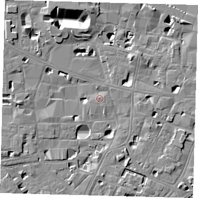 Shaded relief map of the ground around SE10HS, computed from Environment Agency LiDAR. The ground here sits at about 4 m above sea level and falls 14 m across the surrounding 800 m. Surface water reaching this point runs off ground lying to the south-south-east, 5.4 m higher.