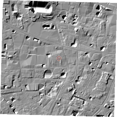Shaded relief map of the ground around SE10HT, computed from Environment Agency LiDAR. The ground here sits at about 4 m above sea level and falls 14 m across the surrounding 800 m. Surface water reaching this point runs off ground lying to the south-south-east, 5.4 m higher.