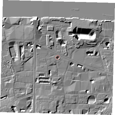 Shaded relief map of the ground around SE10JF, computed from Environment Agency LiDAR. The ground here sits at about 3 m above sea level and falls 16 m across the surrounding 800 m. Surface water reaching this point runs off ground lying to the west-north-west, 6.7 m higher.