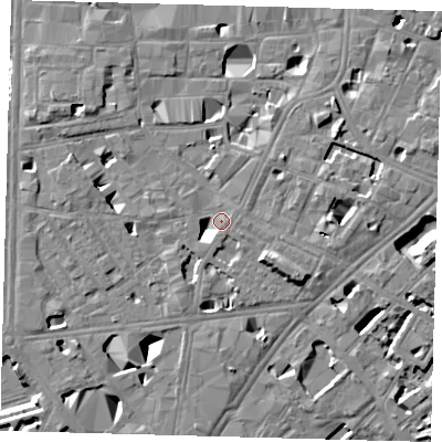 Shaded relief map of the ground around SE10JP, computed from Environment Agency LiDAR. The ground here sits at about 4 m above sea level and falls 11 m across the surrounding 800 m. Surface water reaching this point runs off ground lying to the east-north-east, 4.2 m higher.