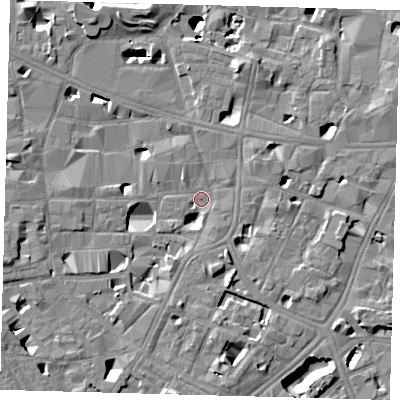 Shaded relief map of the ground around SE10LB, computed from Environment Agency LiDAR. The ground here sits at about 3 m above sea level and falls 14 m across the surrounding 800 m. Surface water reaching this point runs off ground lying to the south-south-east, 5.4 m higher.
