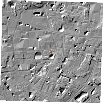 Shaded relief map of the ground around SE10LD, computed from Environment Agency LiDAR. The ground here sits at about 3 m above sea level and falls 14 m across the surrounding 800 m. Surface water reaching this point runs off ground lying to the south-east, 5.4 m higher.