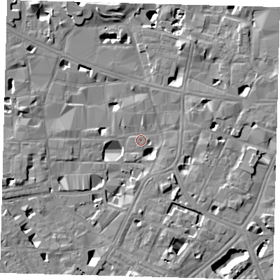 Shaded relief map of the ground around SE10LF, computed from Environment Agency LiDAR. The ground here sits at about 3 m above sea level and falls 14 m across the surrounding 800 m. Surface water reaching this point runs off ground lying to the south-east, 5.4 m higher.