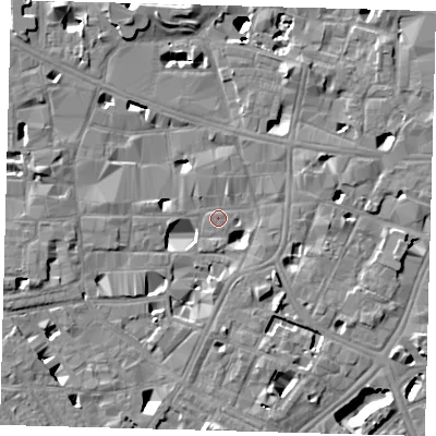 Shaded relief map of the ground around SE10LG, computed from Environment Agency LiDAR. The ground here sits at about 3 m above sea level and falls 14 m across the surrounding 800 m. Surface water reaching this point runs off ground lying to the south-east, 5.4 m higher.