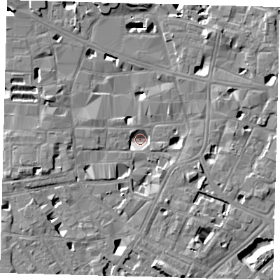 Shaded relief map of the ground around SE10LL, computed from Environment Agency LiDAR. The ground here sits at about 1 m above sea level and falls 13 m across the surrounding 800 m. Surface water reaching this point runs off ground lying to the east-south-east, 5.4 m higher.