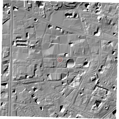 Shaded relief map of the ground around SE10LN, computed from Environment Agency LiDAR. The ground here sits at about 4 m above sea level and falls 14 m across the surrounding 800 m. Surface water reaching this point runs off ground lying to the east-south-east, 5.4 m higher.