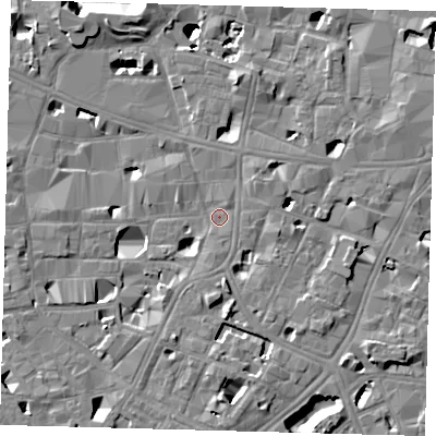Shaded relief map of the ground around SE10LQ, computed from Environment Agency LiDAR. The ground here sits at about 3 m above sea level and falls 14 m across the surrounding 800 m. Surface water reaching this point runs off ground lying to the south-east, 6.0 m higher.