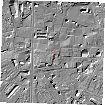 Shaded relief map of the ground around SE10LR, computed from Environment Agency LiDAR. The ground here sits at about 5 m above sea level and falls 12 m across the surrounding 800 m. Surface water reaching this point runs off ground lying to the south-south-west, 2.1 m higher.