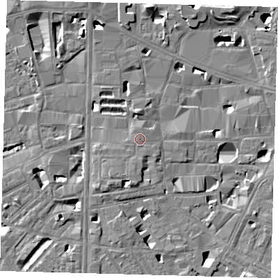 Shaded relief map of the ground around SE10LX, computed from Environment Agency LiDAR. The ground here sits at about 4 m above sea level and falls 14 m across the surrounding 800 m. Surface water reaching this point runs off ground lying to the south, 0.9 m higher.